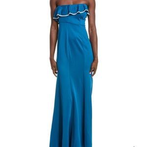 Rene Ruiz Strapless Teal Maxi Scuba Gown with Ruffle size 8 NWT